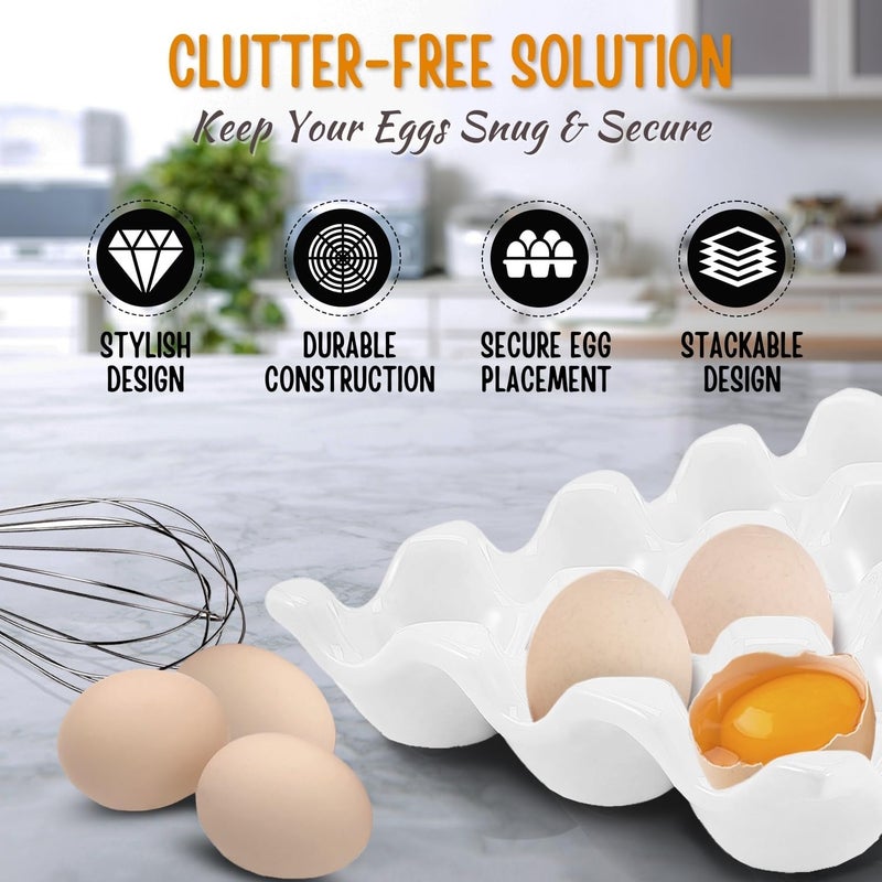 Flexzion 12 Cups Ceramic Egg Holder for Fridge - Dozen Ceramic Egg Tray Porcelain Container Storage Organizer Decorative Serving Stand Serveware for Refrigerator Countertop Display (White, 2 Pack) - Image 4